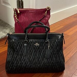 Coach Black and Red Ruched Leather Satchels